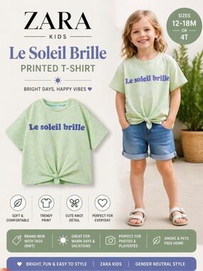 ZARA Kids Green “Le Soleil Brille” Printed T-Shirt NWT Size 12-18M or 4T
